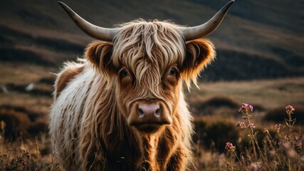 A close-up shot of a Highland cow with large horns in a countryside field, surrounded by colorful wildflowers.