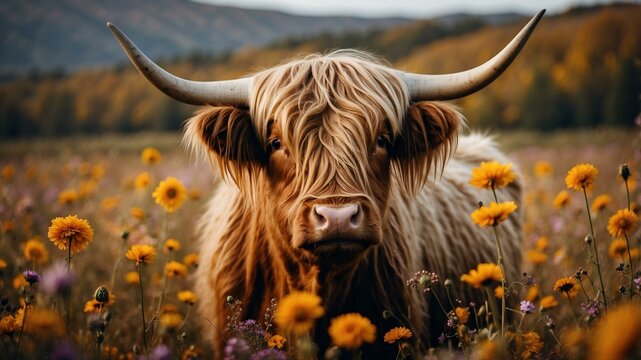 A fluffy Highland cow with large horns standing in a picturesque field covered with yellow and purple flowers.