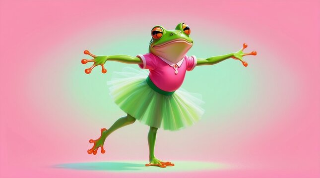 A whimsical illustration of a frog dressed as a ballerina, wearing a green tutu and pink shirt, dancing gracefully on pink background.
