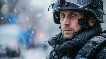 Focused police officer in tactical gear on duty during snowfall in urban setting