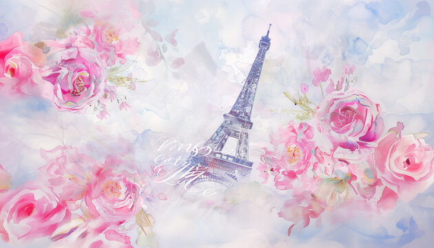 Paris with eiffel tower, pattern with peonies and monograms patterns watercolor background with empty space for text, minimalistic textured watercolor background pastel colors 