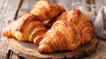 
Appetizing croissants on wooden table close-up