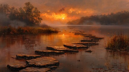 Serene sunset over a tranquil lake with a stepping stone path and misty trees, creating a peaceful and reflective ambiance.