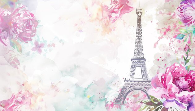 Paris with eiffel tower, pattern with peonies and monograms patterns watercolor background with empty space for text, minimalistic textured watercolor background pastel colors 