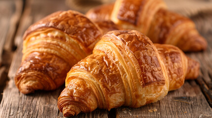 
Appetizing croissants on wooden table close-up