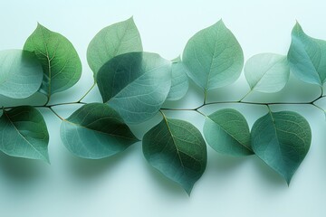 Obraz premium A close-up shot of green leaves arranged in a row on a light background, showcasing nature's beauty and simplicity.