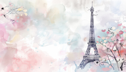 Paris with eiffel tower, pattern with peonies and monograms patterns watercolor background with empty space for text, minimalistic textured watercolor background pastel colors 