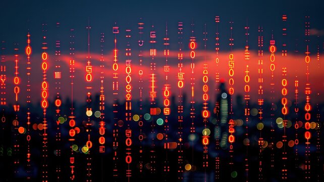 Abstract digital binary code matrix pattern overlaying cityscape at sunset, representing technology and big data concepts.