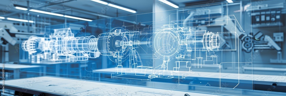 Poster 3d model of industrial machine in a factory - a 3d model of an industrial machine is displayed on a 