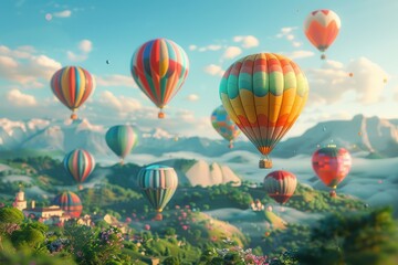 Fototapeta premium Colorful Hot Air Balloons Soaring Over Hills