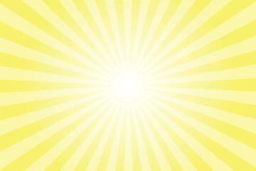 Yellow background with white sun ray. Pattern of starburst. Abstract laser lemon yellow texture with light of sunburst. Radial beam of sunlight. Retro background with flash. Design of sunbeams.