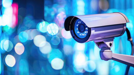 CCTV camera, IP camera against the backdrop of evening city lights. Video surveillance for security and law enforcement. Selective focus.