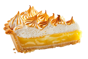 Lemon meringue pie slice with golden meringue, professional photography, transparent background