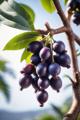 photo shot of a Acai attached to a tree branch with a blurred background