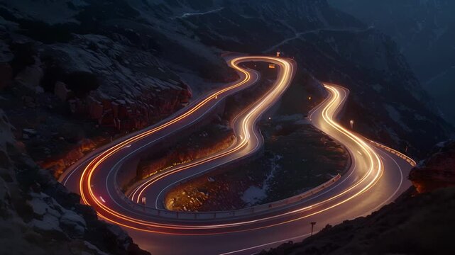 The twisting mountain roads are transformed into a magical light show as cars navigate through the curves.