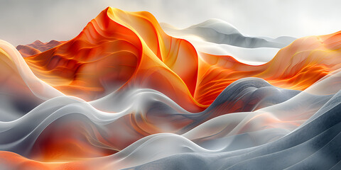 A picturesque landscape of a mountain range with billowing orange clouds resembling smoke, against a peachcolored sky, creating an artful and serene scene