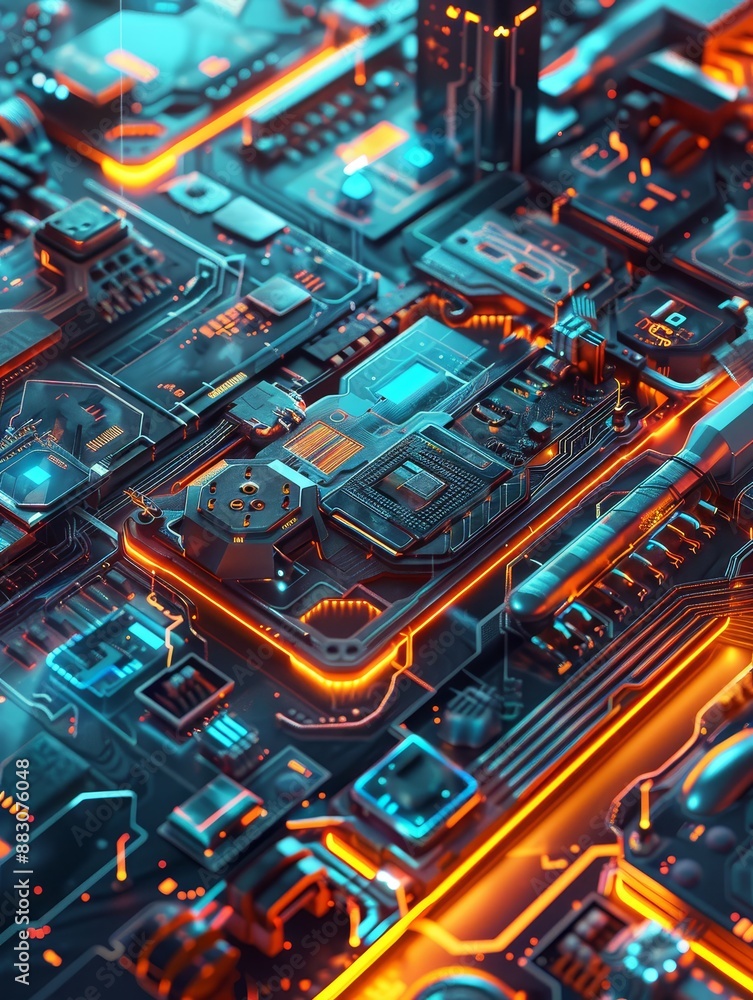 Poster abstract futuristic circuitry - a close-up of a futuristic circuit board with glowing wires and intr