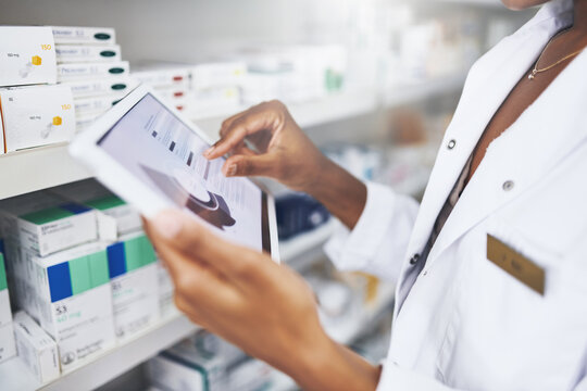 Person, hands or tablet with screen in drug store for stock inspection, report for medicine inventory. Female pharmacist, pharmacy or mockup for digital record of health information or pills research
