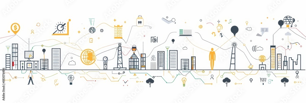 Poster abstract illustration of a connected city with various lines and icons representing business and tec