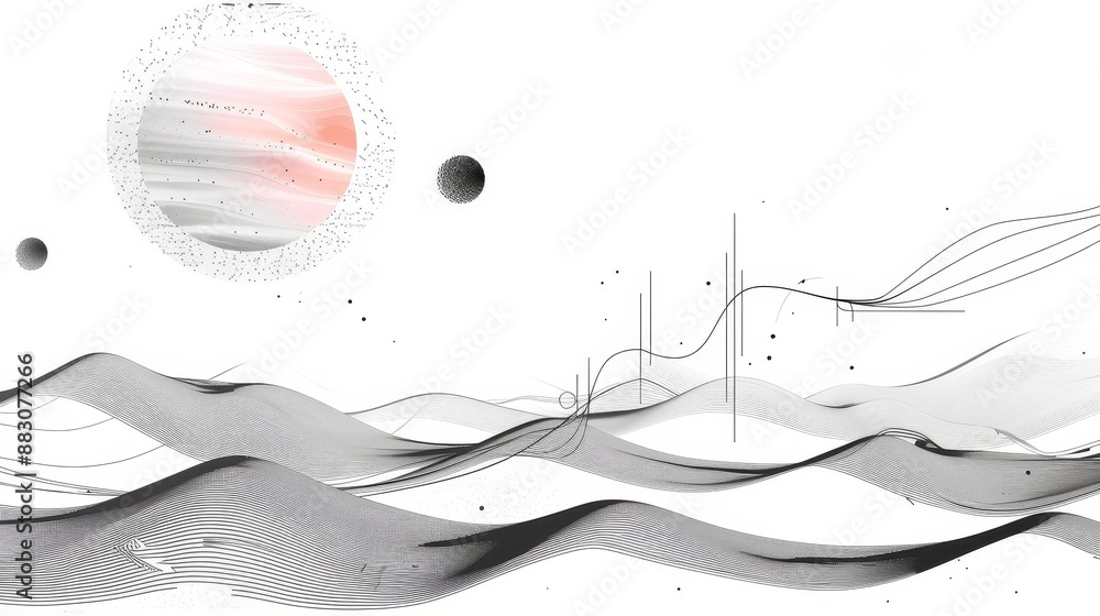 Poster abstract space landscape with wavy lines - abstract digital illustration of a landscape with wavy li