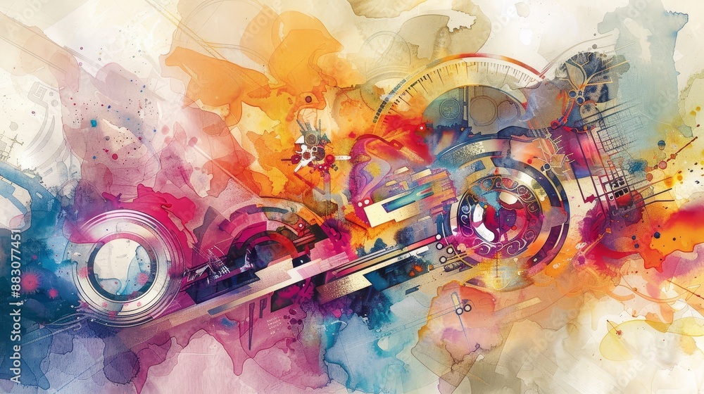 Aufkleber abstract watercolor artwork with geometric shapes and colorful splatter - abstract watercolor painti
