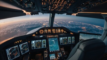 Modern airplane cockpit illuminated at dusk, showcasing avionics, navigation instruments and pilot controls against scenic evening sky.
