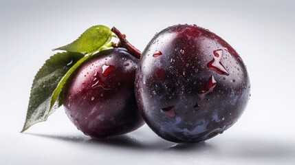 Obraz premium Two ripe purple plums with water drops and green leaves on white background