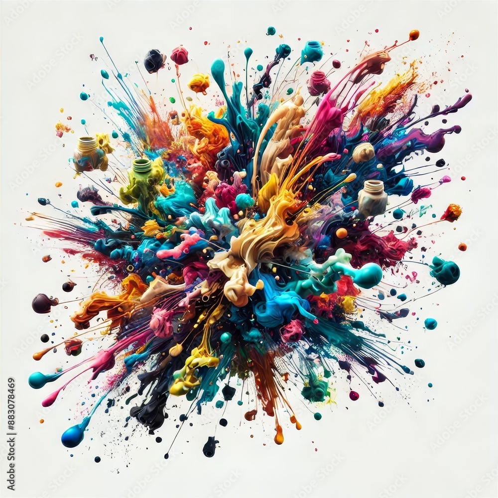 Poster 3d animation of a vibrant paint explosion with splashes of various colors