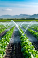 Sprinkler irrigation system watering rows of lush green crops on a sunny day with mountains in the background.