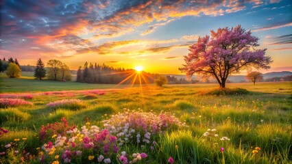 Beautiful Sunrise Over a Flower Field.