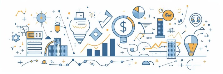Business Growth and Innovation Illustration - Abstract illustration depicting business growth and innovation with icons, graphs, and symbols representing finance, ideas, progress, and success.
