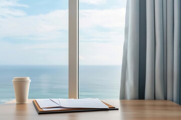 Fototapeta premium Hotel room with a workstation, coffee, and documents, ocean view through the window, hotel, bleisure travel, workspace in a serene setting