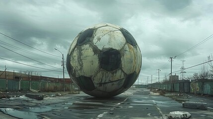 Capture a surreal, larger-than-life soccer ball suspended in a vast, empty urban landscape, showcasing sports achievements in a dreamlike setting
