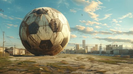 Capture a surreal, larger-than-life soccer ball suspended in a vast, empty urban landscape, showcasing sports achievements in a dreamlike setting