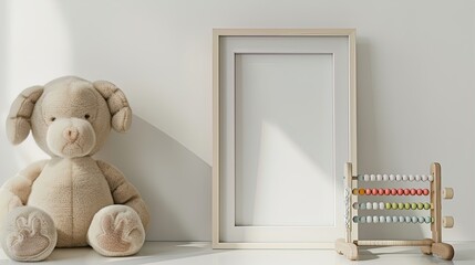 Empty beige frame with plush teddy bear and wooden abacus on white background. Minimalist still life photography for design and print.