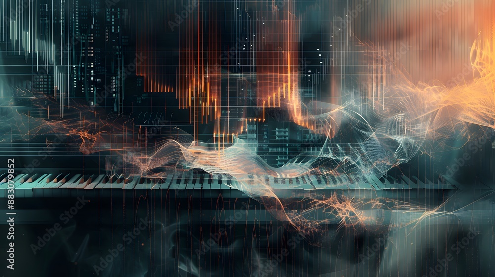 Poster a visual metaphor of layering in virtual instruments, with overlapping sound waves and textures merg
