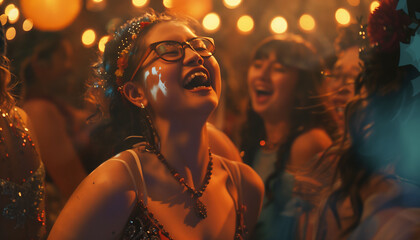 Portrait happy teenage girl dancing at night party