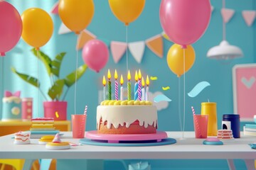 Birthday Cake Celebration With Balloons and Candles
