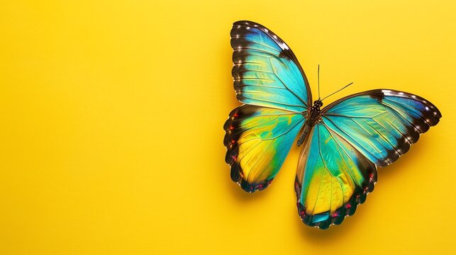 A blue butterfly with yellow and green patterns on a yellow background.