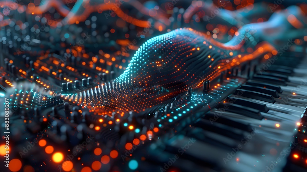 Poster a digital landscape showcasing diverse sound synthesis methods like subtractive, additive, fm, and w