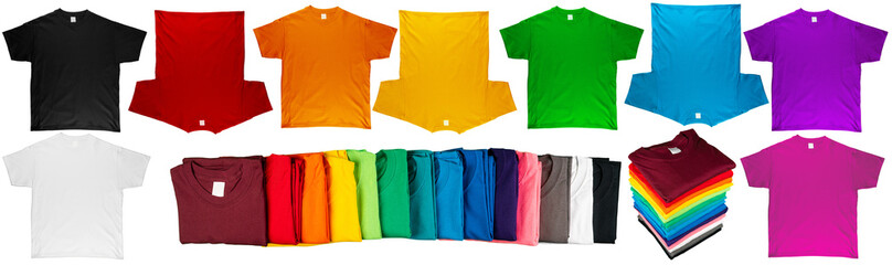 Set collection of empty blank colorful t-shirt in rainbow color isolated white background. row...