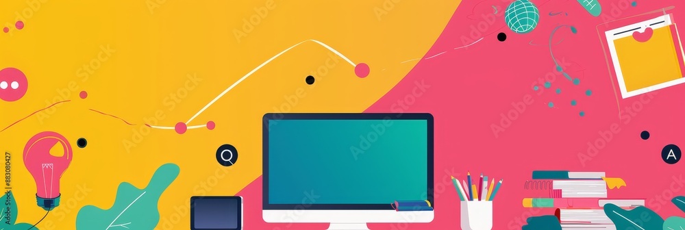 Poster colorful workspace concept - a colorful and minimal illustration of a workspace with a computer, lap
