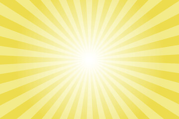 Yellow background with white sun ray. Pattern of starburst. Abstract matte yellow texture with light of sunburst. Radial beam of sunlight. Retro background with flash. Design of sunbeams.