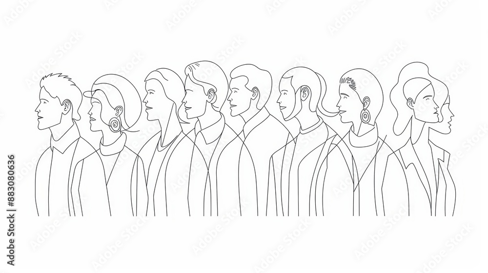 Poster continuous line drawing of people in profile - a continuous line drawing of a group of people in pro
