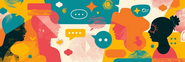 Conversation and Communication Illustration - Colorful illustration of four people communicating, symbolizing conversation and interaction. Bright colors and abstract design create a dynamic and energ