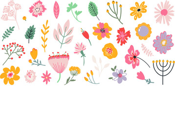 Abstract Hand drawn flowers, set of flowers and leaves. Vector illustration