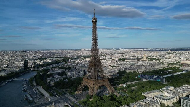 Paris, FRANCE: The Olympic Rings installed on the Eiffel Tower ahead of the Paris 2024 Olympic Games.