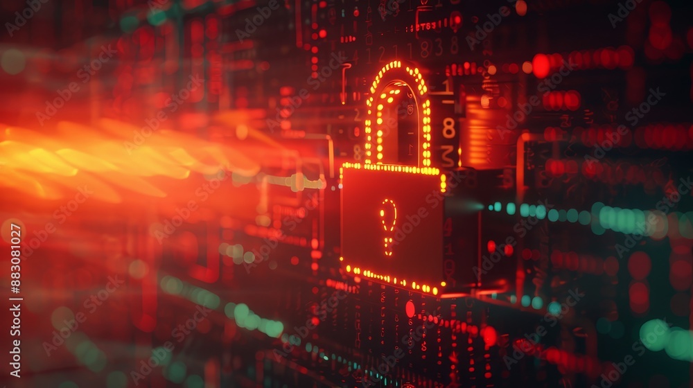 Poster cybersecurity and data protection - a digital padlock with a question mark glowing in the center, sy