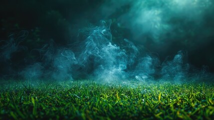 Smoke green background dark ground light smell of toxic black bad fog stadium stink mist. Background green grass smoke cloud fart soccer night field dust poison potion floating sport transparent dirty