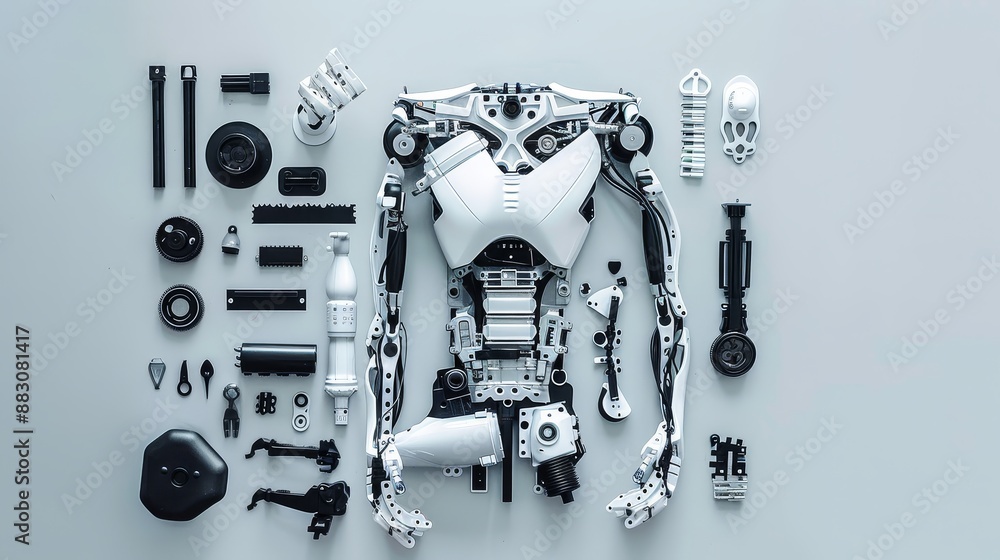 Poster disassembled robot parts - a disassembled robot with its parts laid out on a gray background, showca